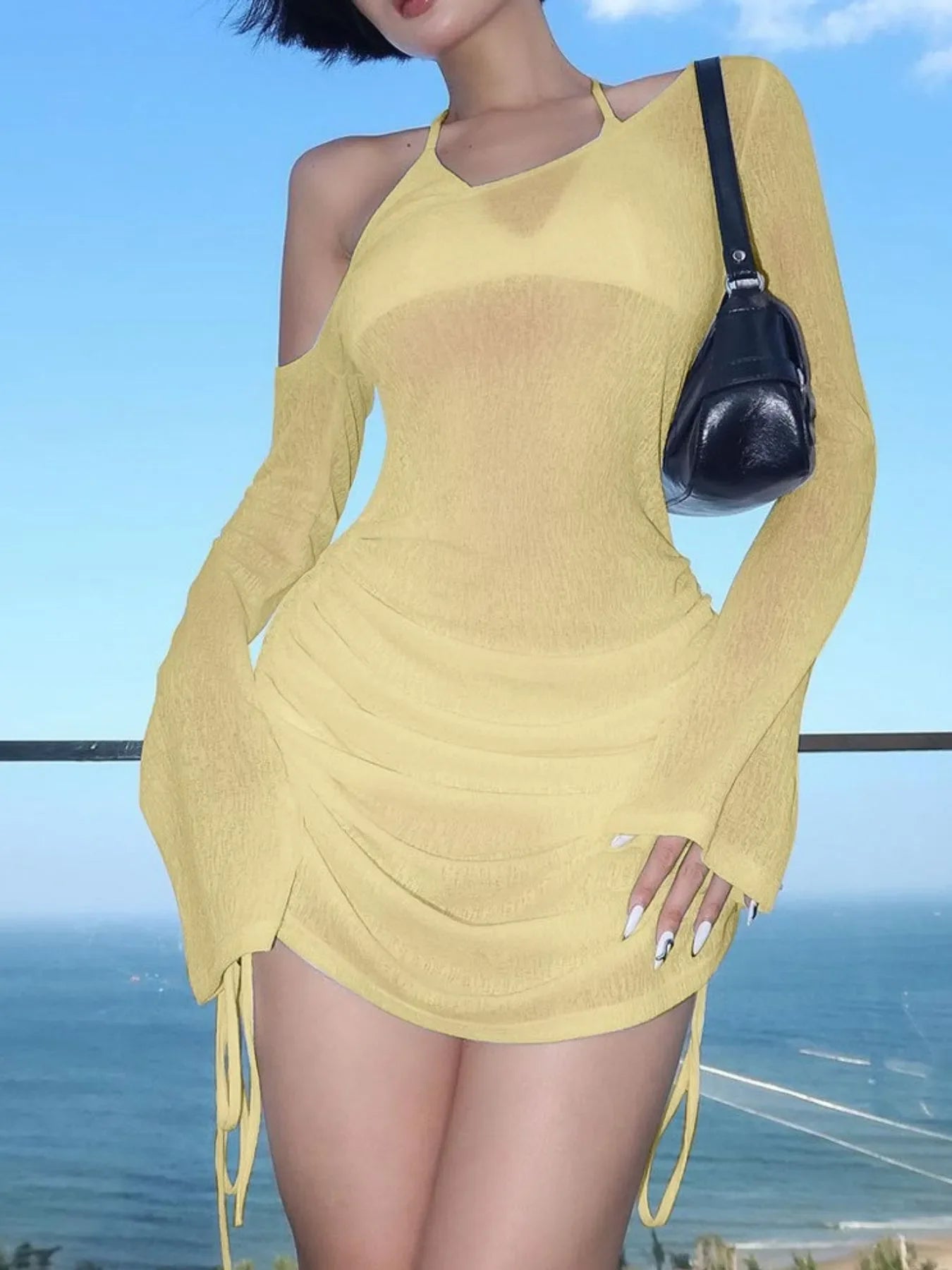 One-Shoulder Bell Sleeve Ruched Mini Cover-Up Dress