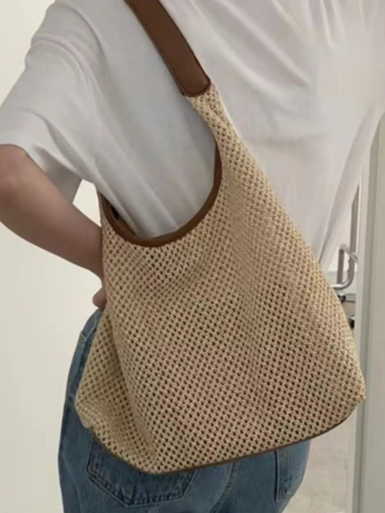 Woven Straw Handbag with Leather Strap