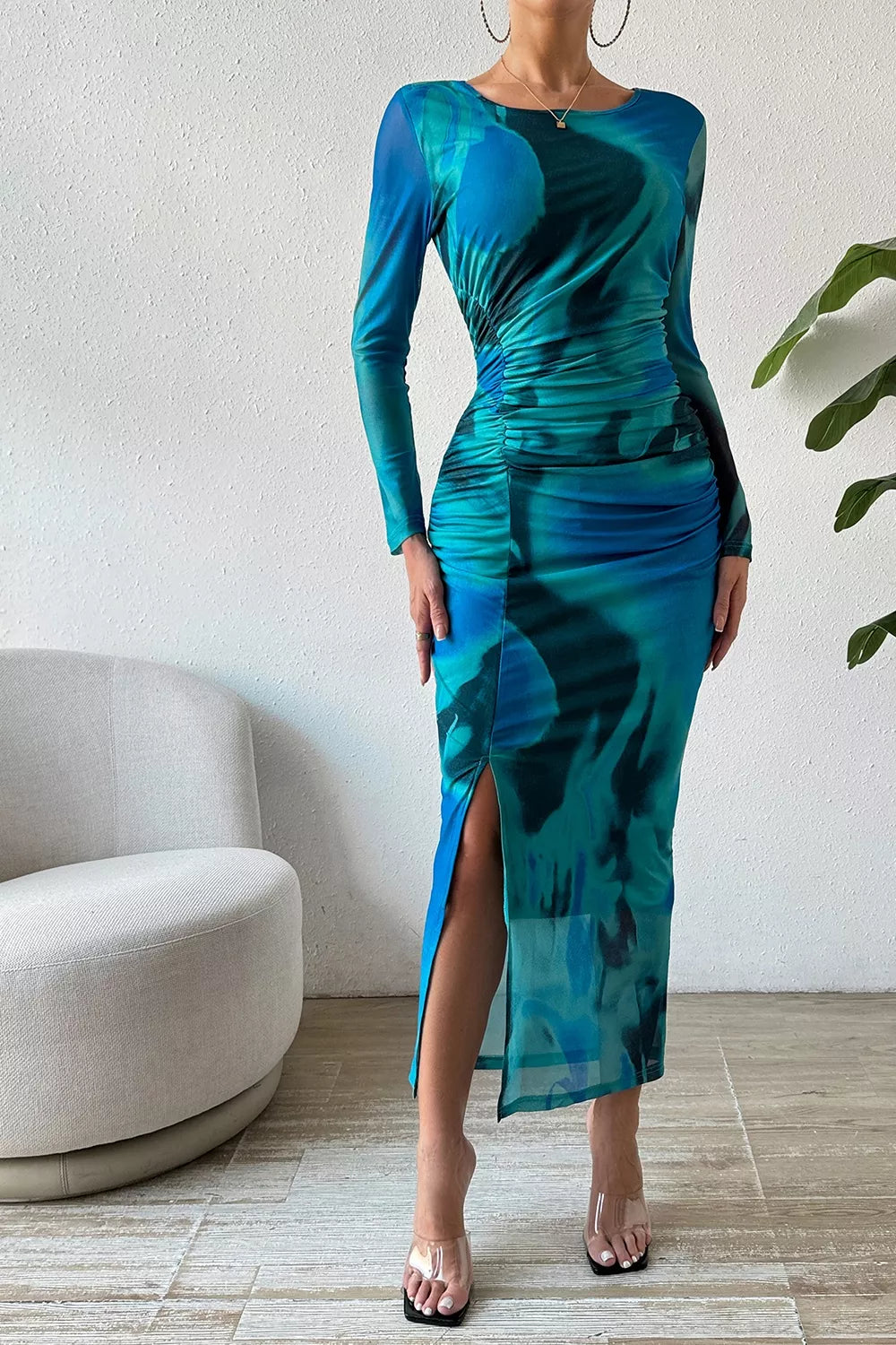 Ruched Tie-Dye Midi Dress with High Slit
