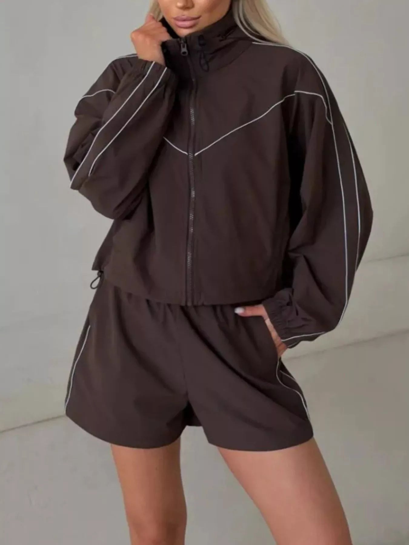 Drawstring Zip-Up Jacket and Shorts Set