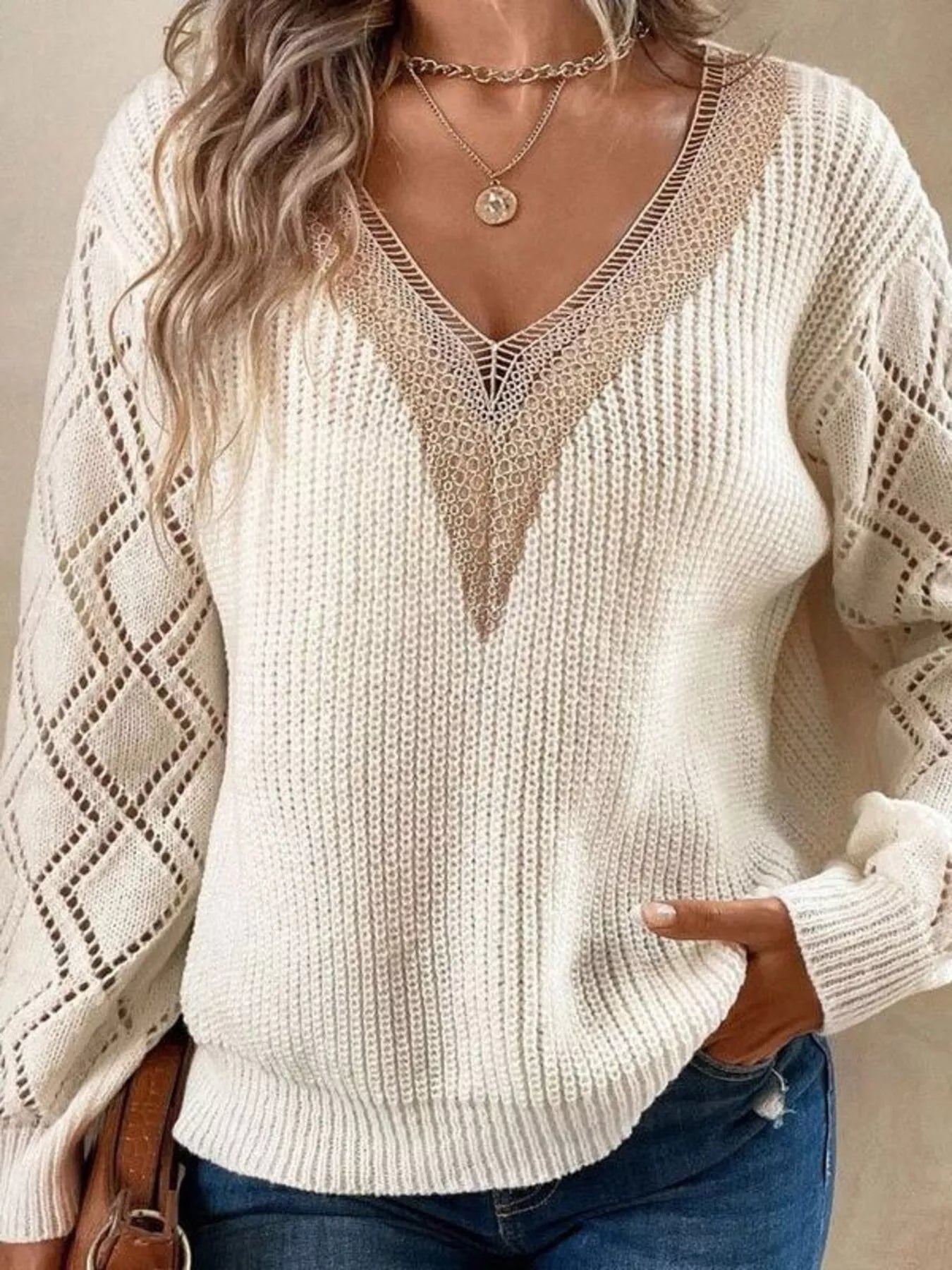 Openwork V-Neck Sweater