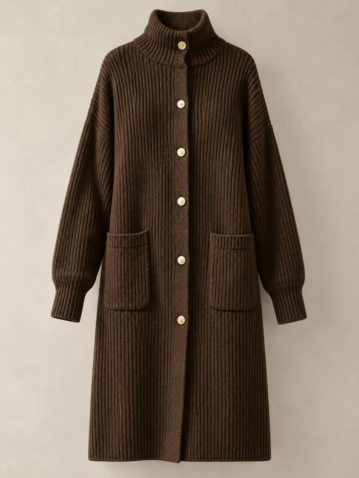 Ribbed Knit Turtleneck Button Up Longline Cardigan