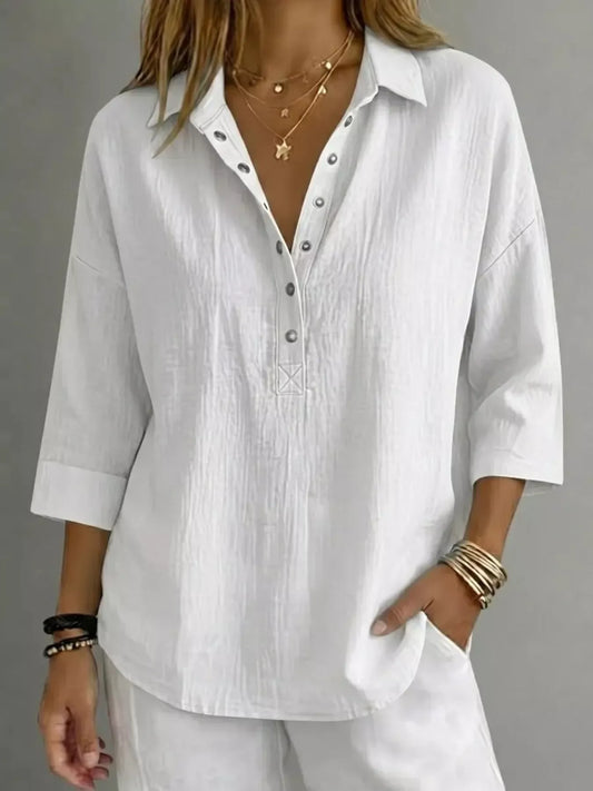 Full Size Snap Down 3/4 Sleeves Blouse Plus Size
