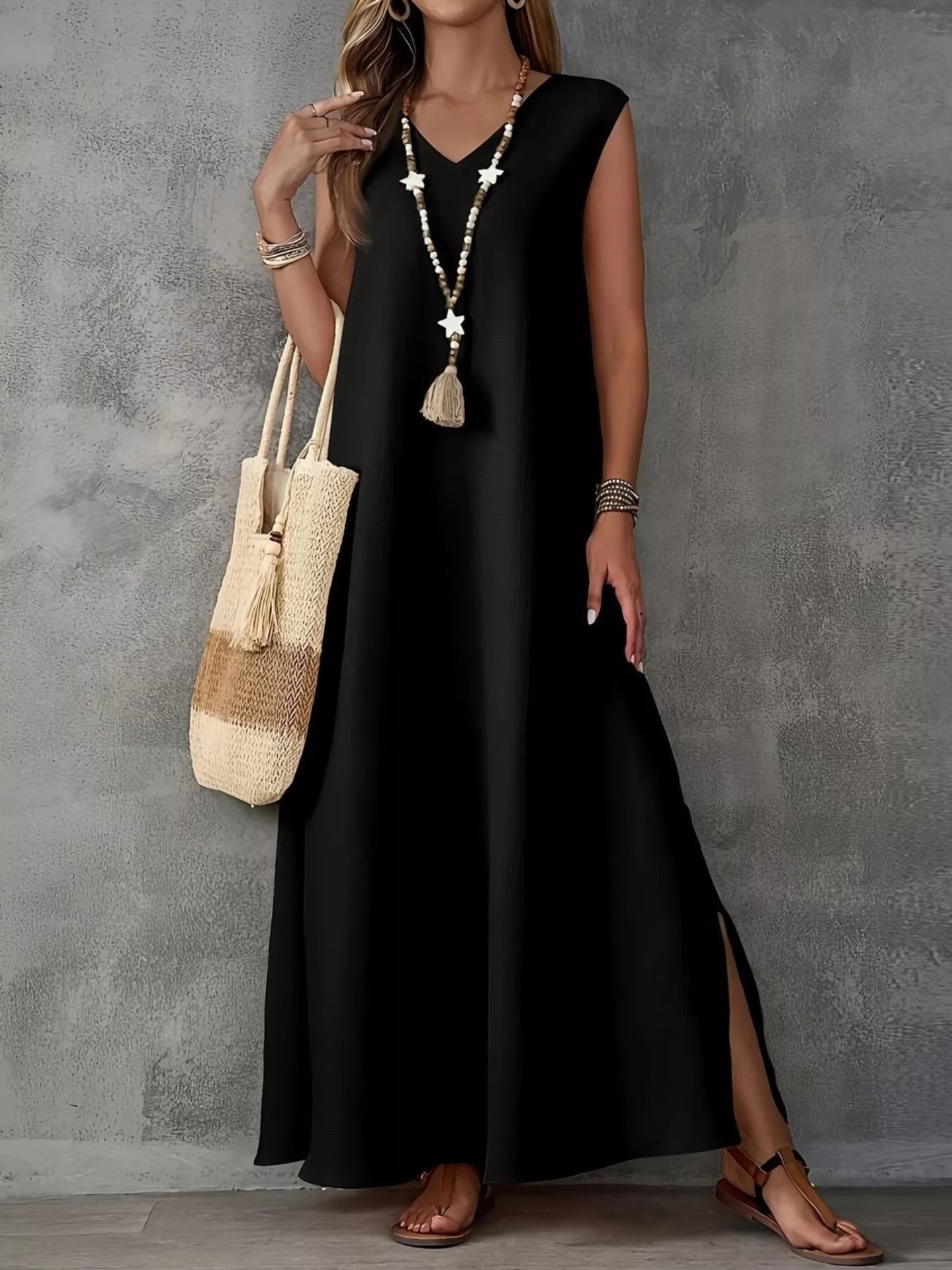 Sleeveless V-Neck Side-Slit Maxi Dress