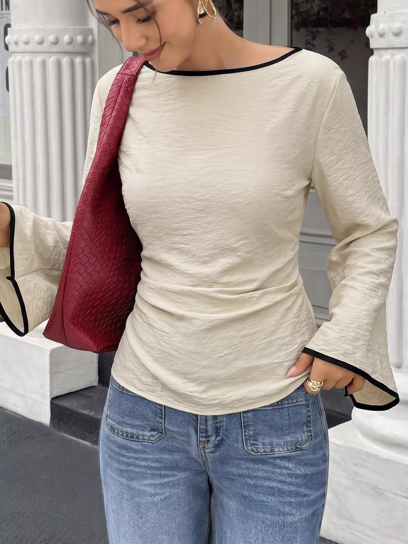 Contrast Trim Flare Sleeve Blouse