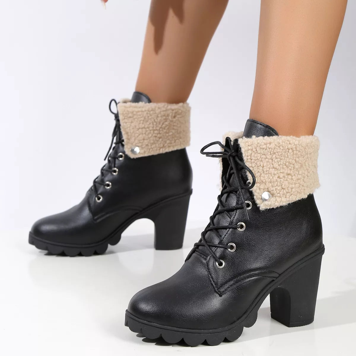 Lace Up Block Heels Boots