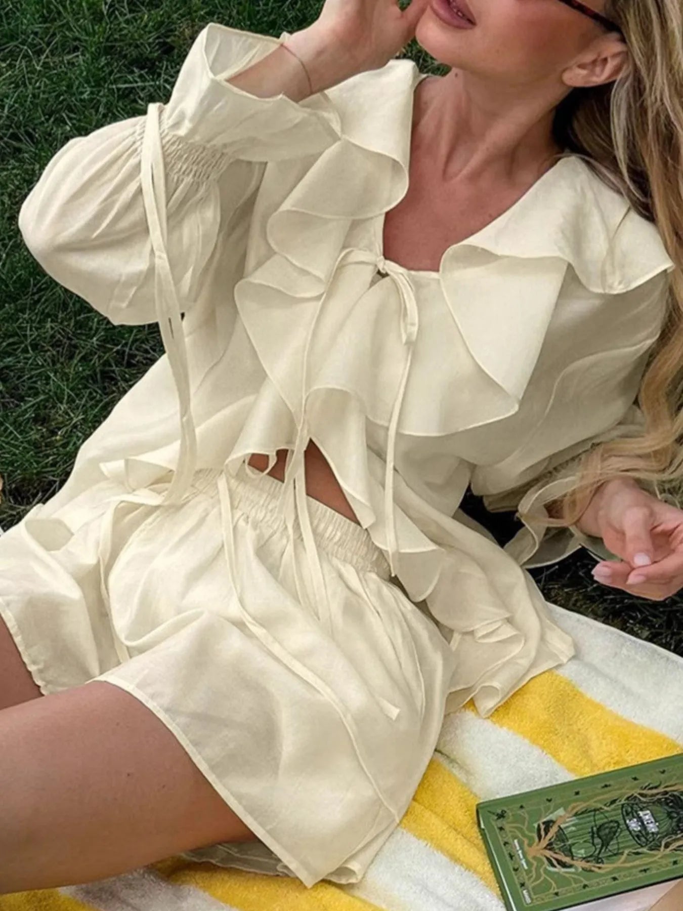 Ruffled V-Neck Top and Shorts Set