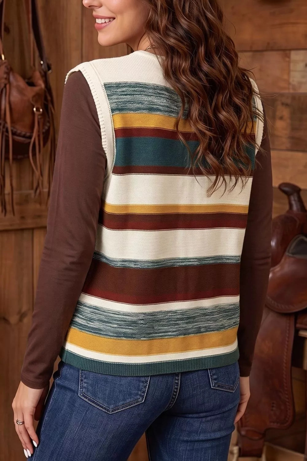 Striped Button Front Sleeveless Knit Regular Fit Sweater Vest