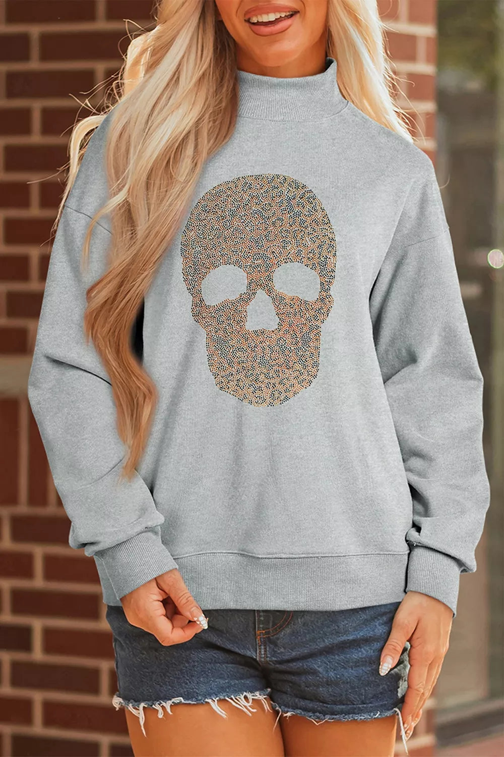 Halloween Rhinestone Skull Graphic Mock Neck Baggy Pullover Sweatshirt
