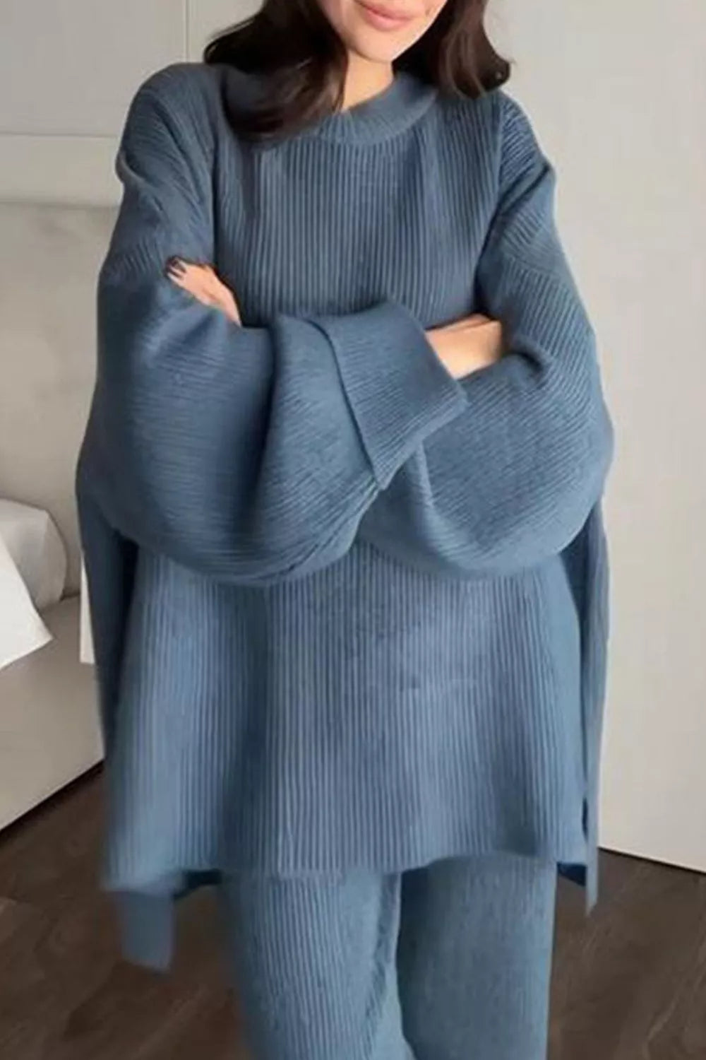 Dropped Shoulder Knit Sweater and Wide Leg Pants Set