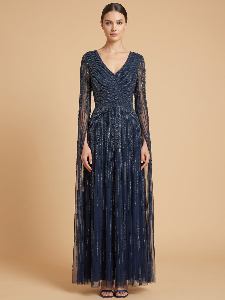 V-Neck Beaded Dress with Long Cape Sleeves |  28835