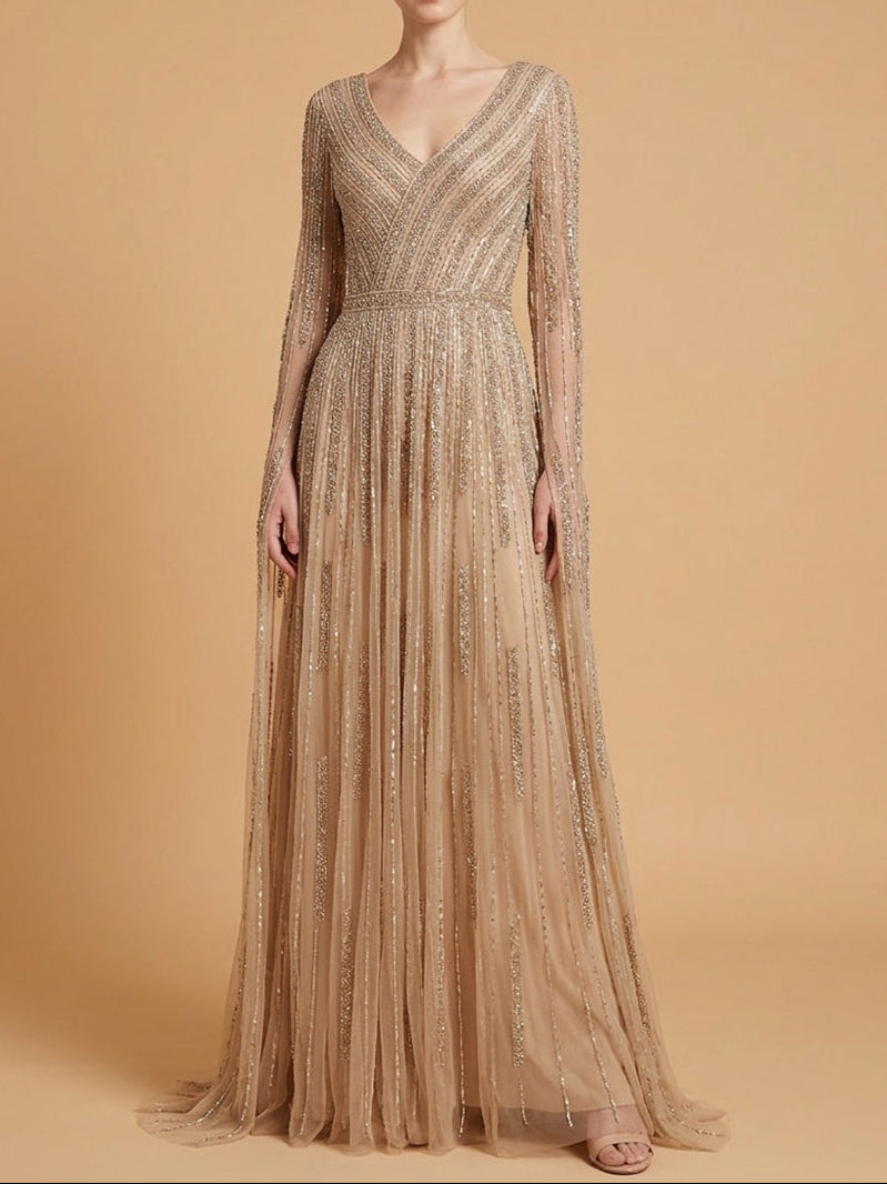 V-Neck Beaded Dress with Long Cape Sleeves |  28835