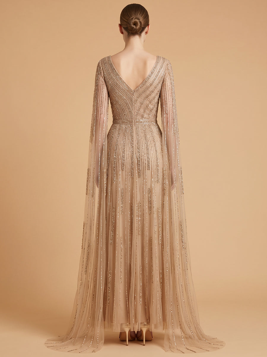 V-Neck Beaded Dress with Long Cape Sleeves |  28835