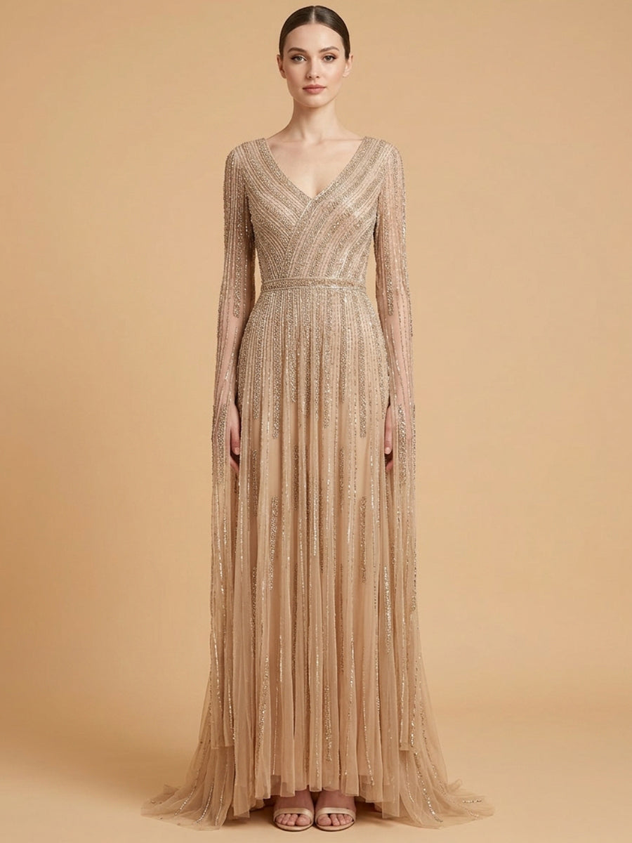 V-Neck Beaded Dress with Long Cape Sleeves |  28835