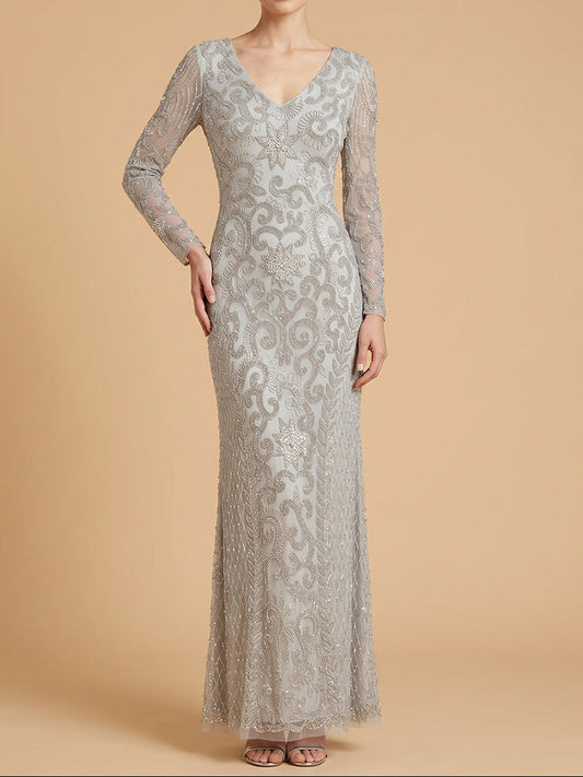 Long Sleeve V-Neck Beaded Evening Gown | 28836