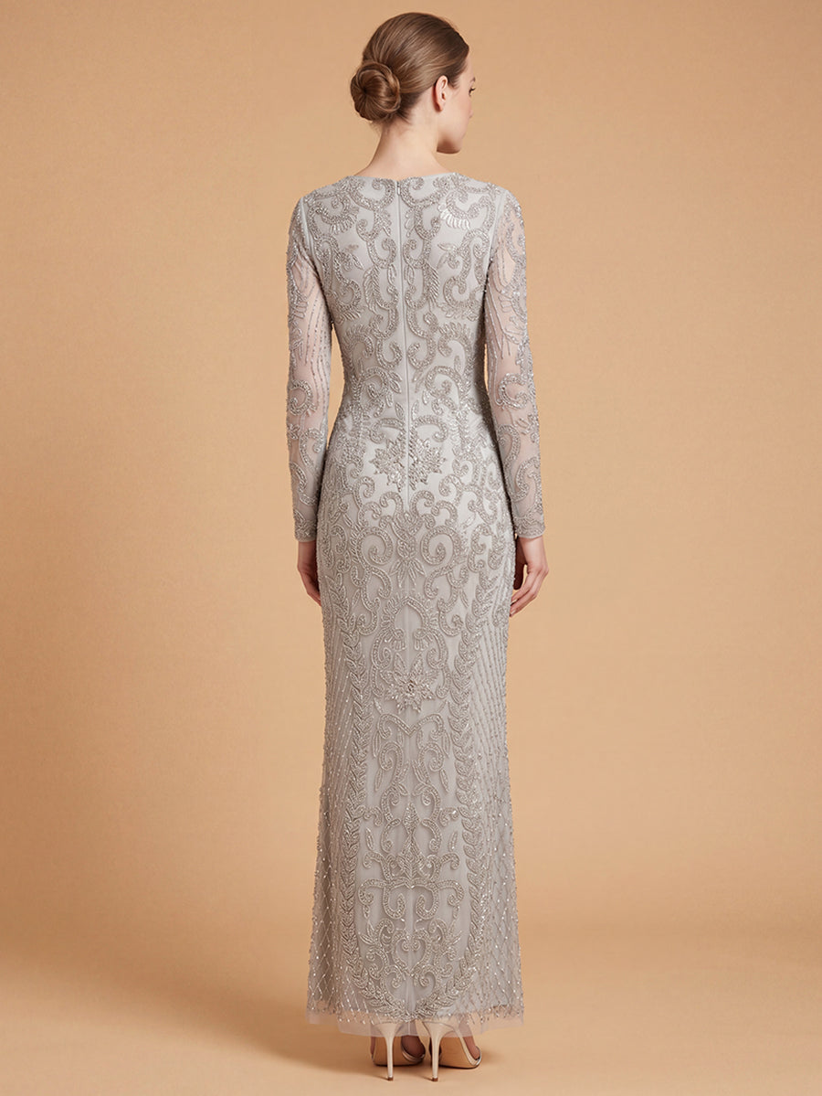 Long Sleeve V-Neck Beaded Gown | 28836