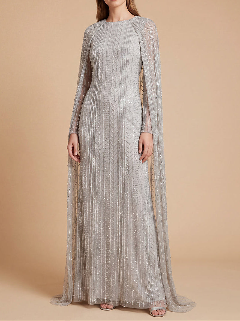 High Neck Linear Beaded Dress with Long Cape |  28837