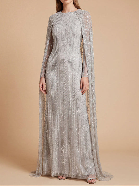 High Neck Linear Beaded Dress with Long Cape |  28837