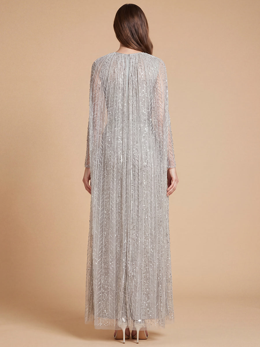 High Neck Linear Beaded Dress with Long Cape |  28837