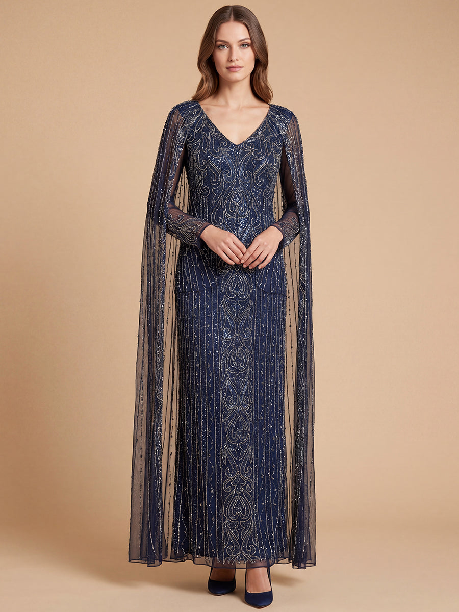 V-Neck Linear Beaded Dress with Long Cape |  28838
