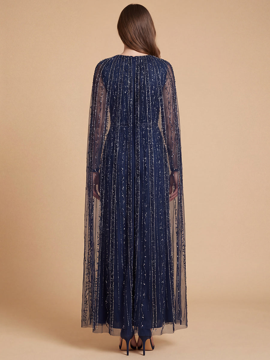 V-Neck Linear Beaded Dress with Long Cape |  28838