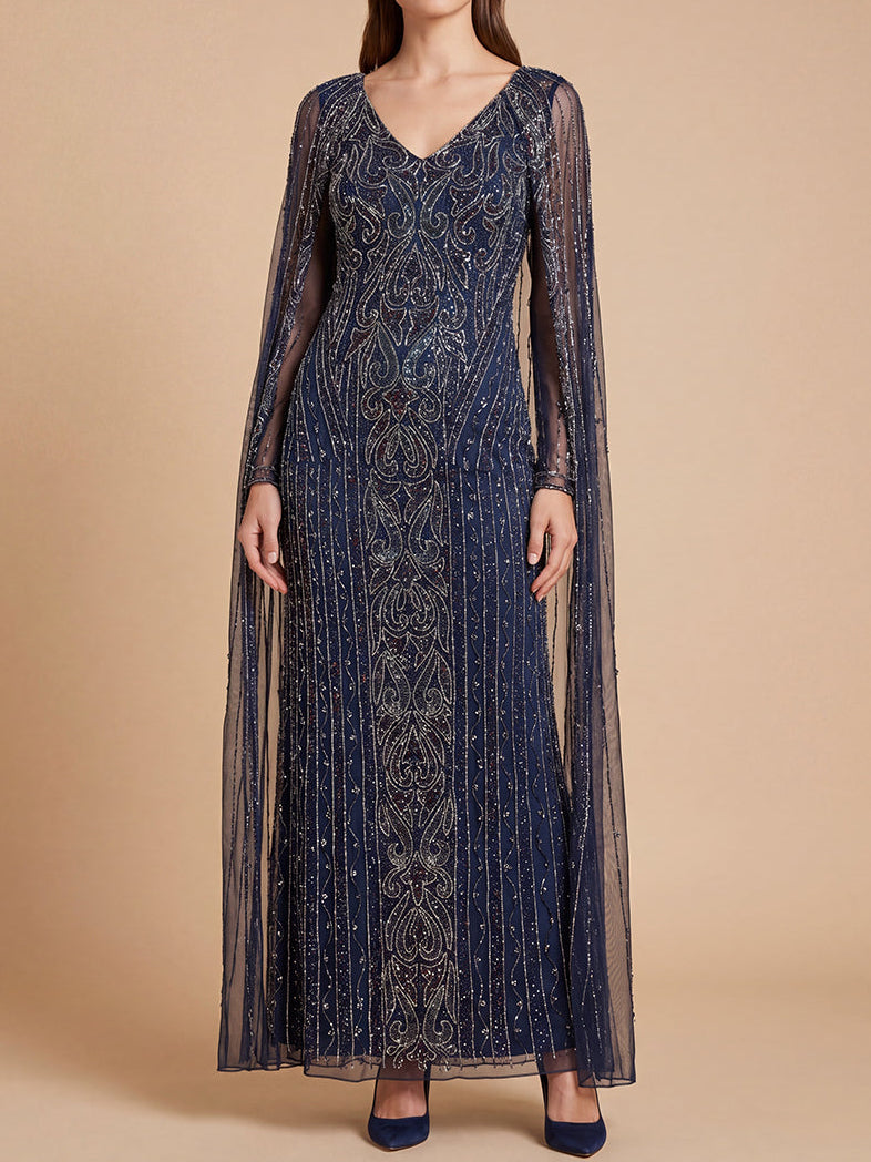 V-Neck Linear Beaded Dress with Long Cape |  28838