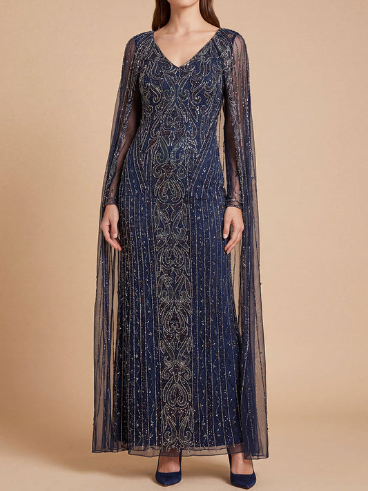 V-Neck Linear Beaded Dress with Long Cape |  28838