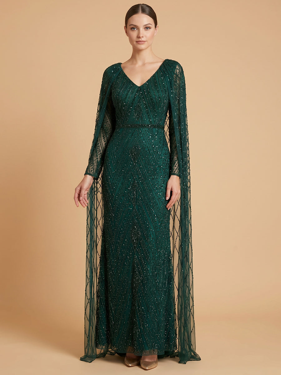 V-Neck Beaded Dress with Long Cape |  28839