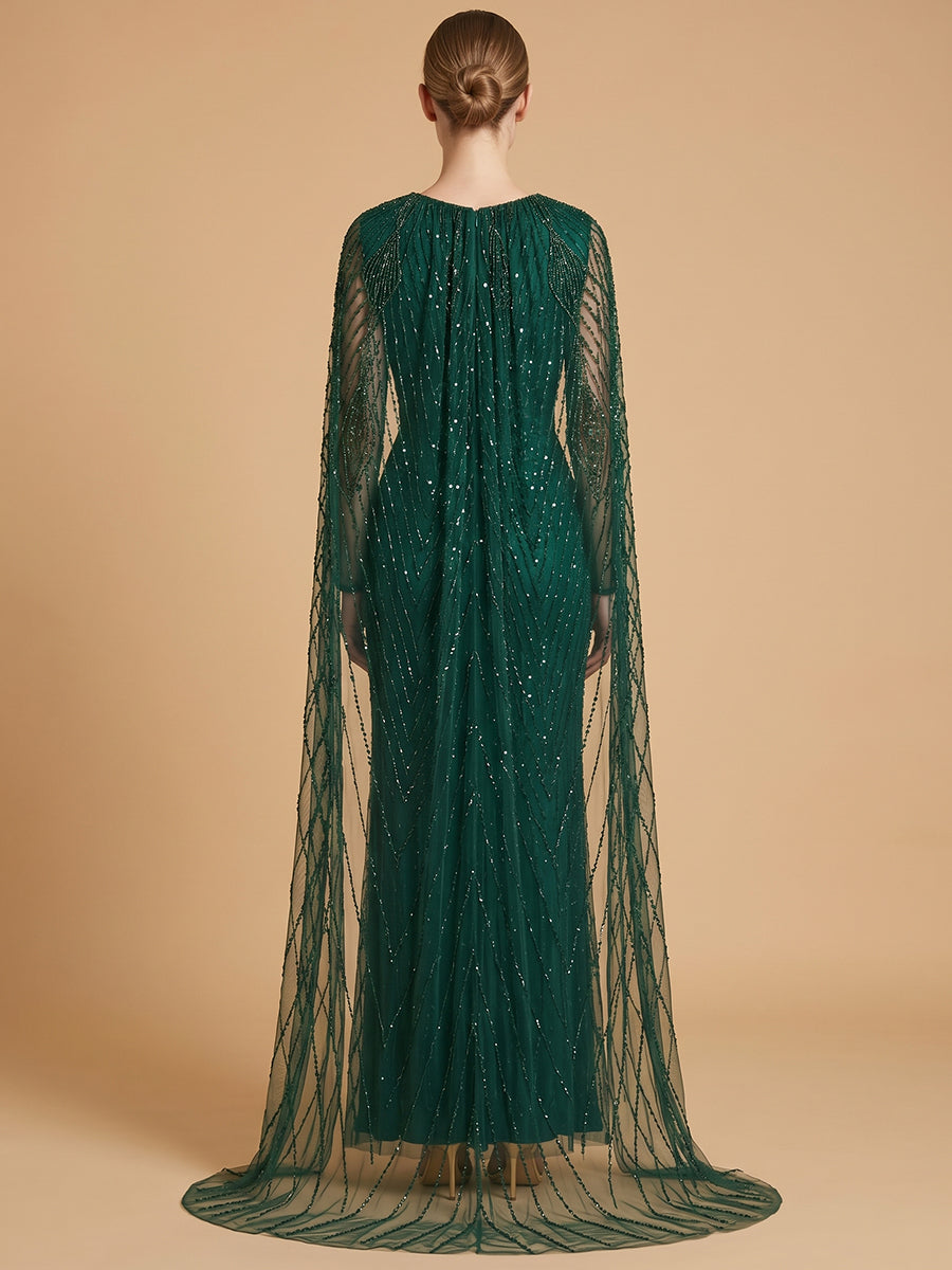 V-Neck Beaded Dress with Long Cape |  28839
