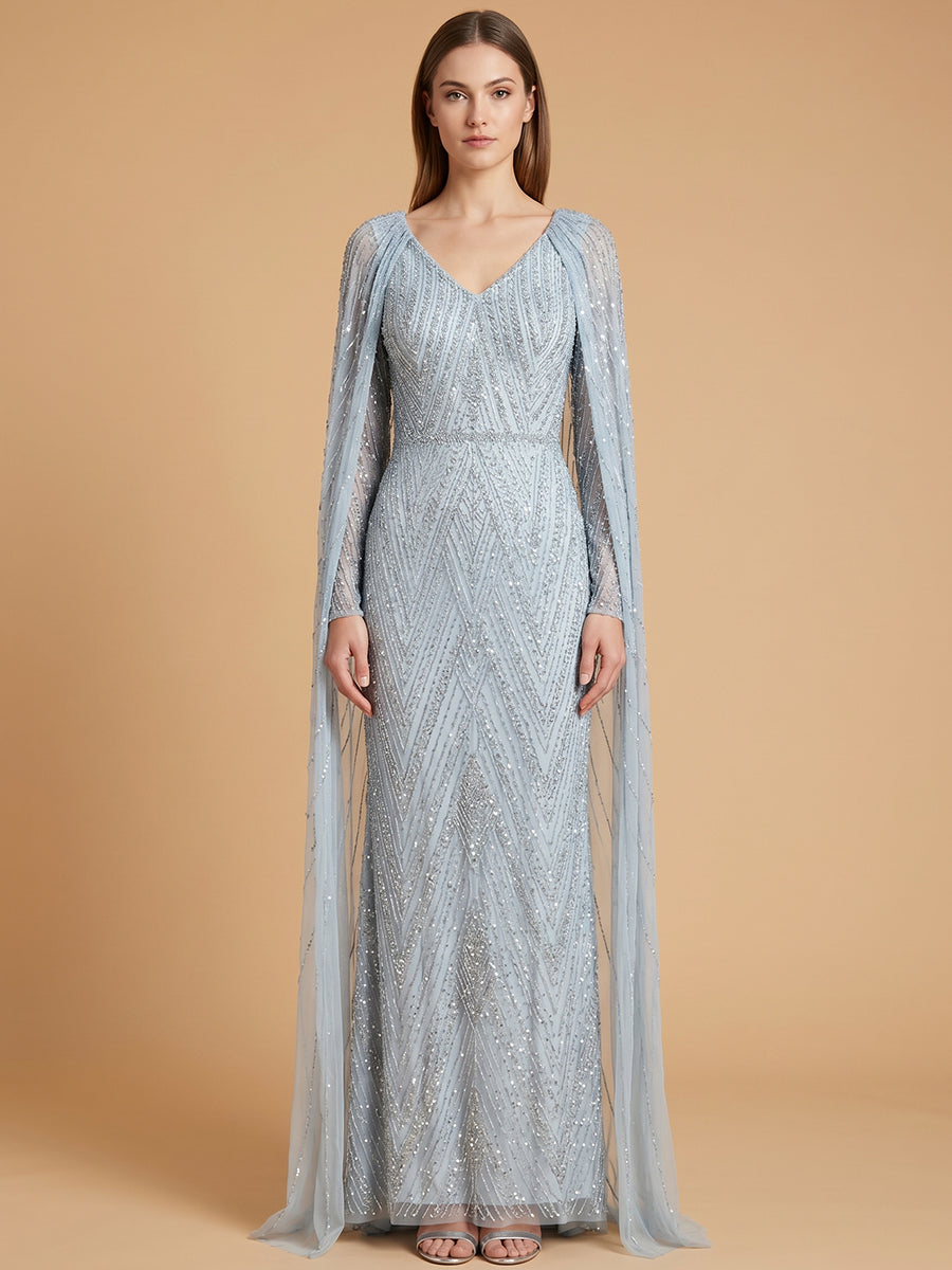 V-Neck Beaded Dress with Long Cape |  28839