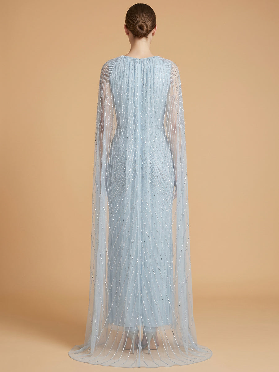 V-Neck Beaded Dress with Long Cape |  28839