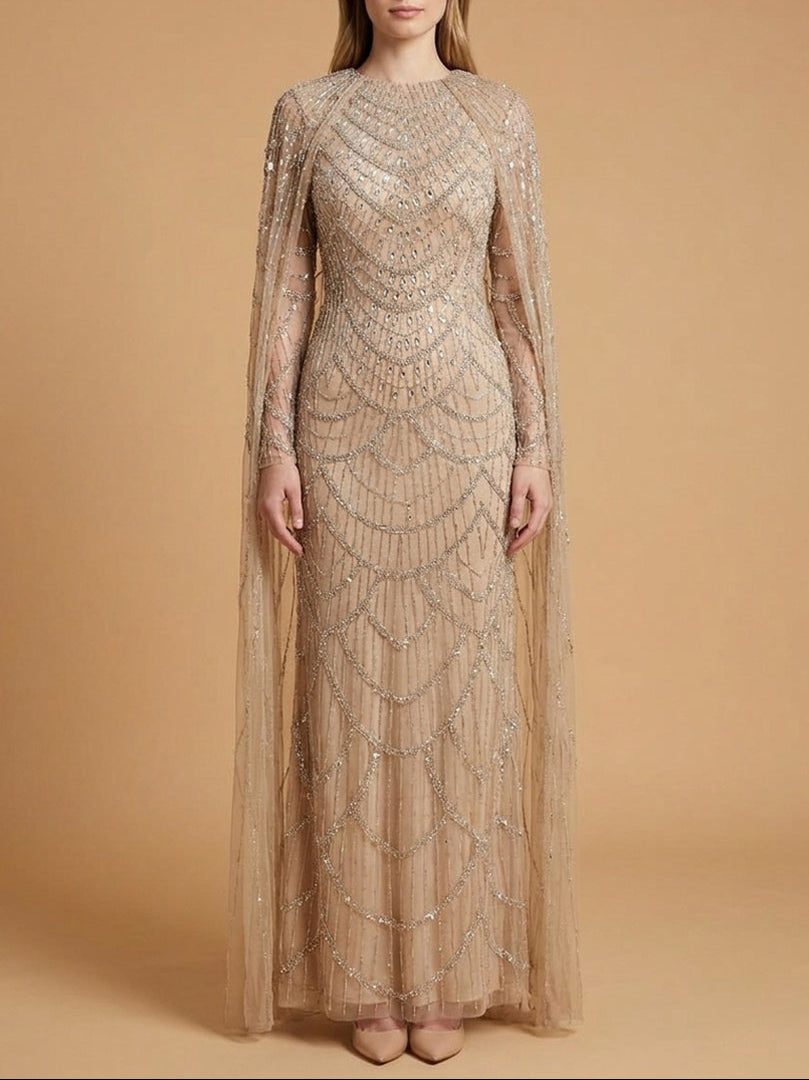 High Neck Beaded Dress with Long Cape |  28840