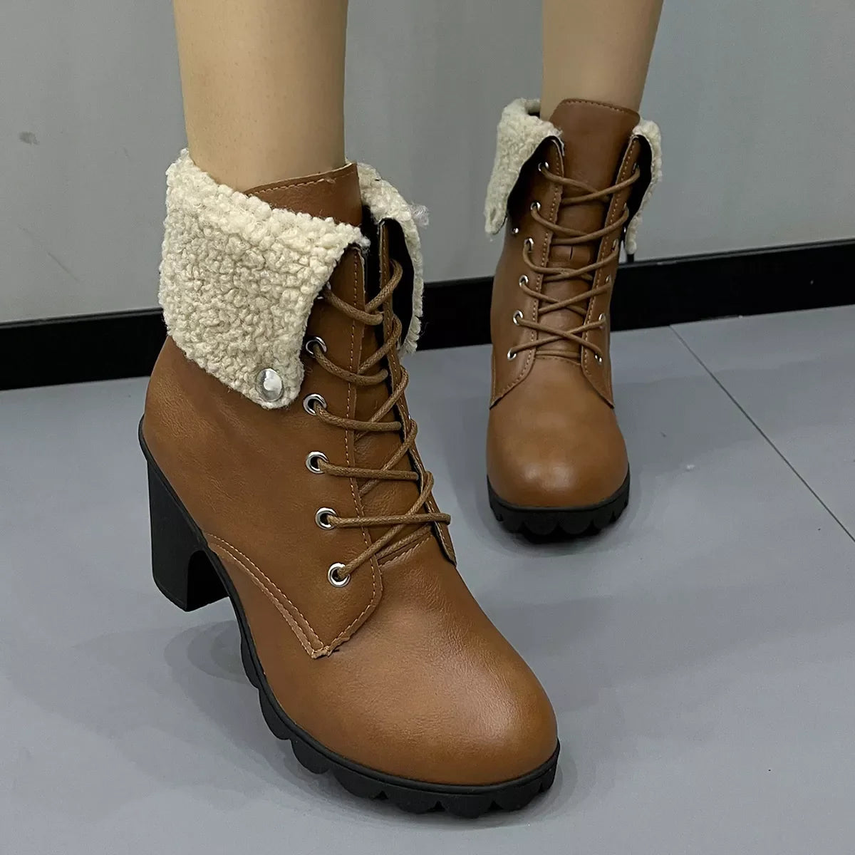 Lace Up Block Heels Boots