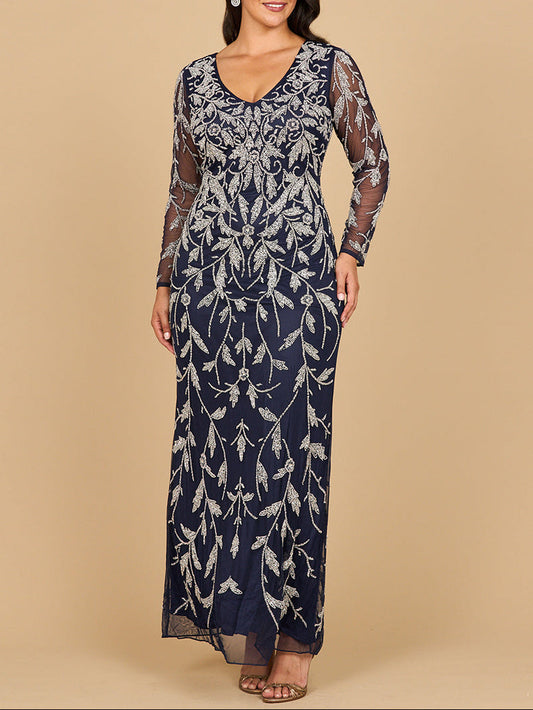 Lara 28870-  Long Sleeve Contrast Beaded Gown