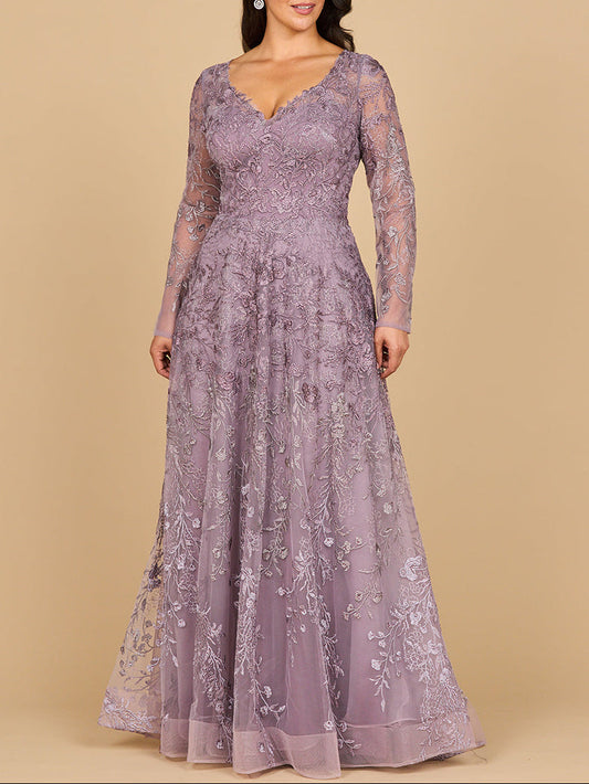 Lara 28878- Long Sleeve V-Neck Ombre Lace Gown