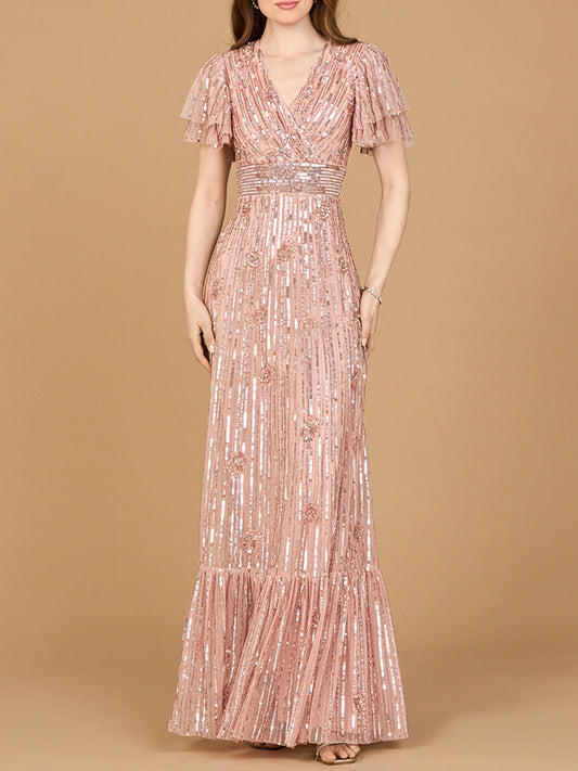 Elegant Beaded Gown with Flutter Sleeves