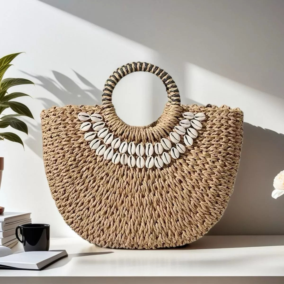 Seashell-Embellished Woven Straw Handbag