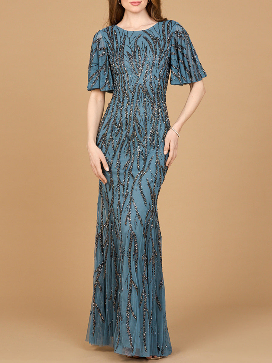 Beaded Gown with Flutter Sleeves