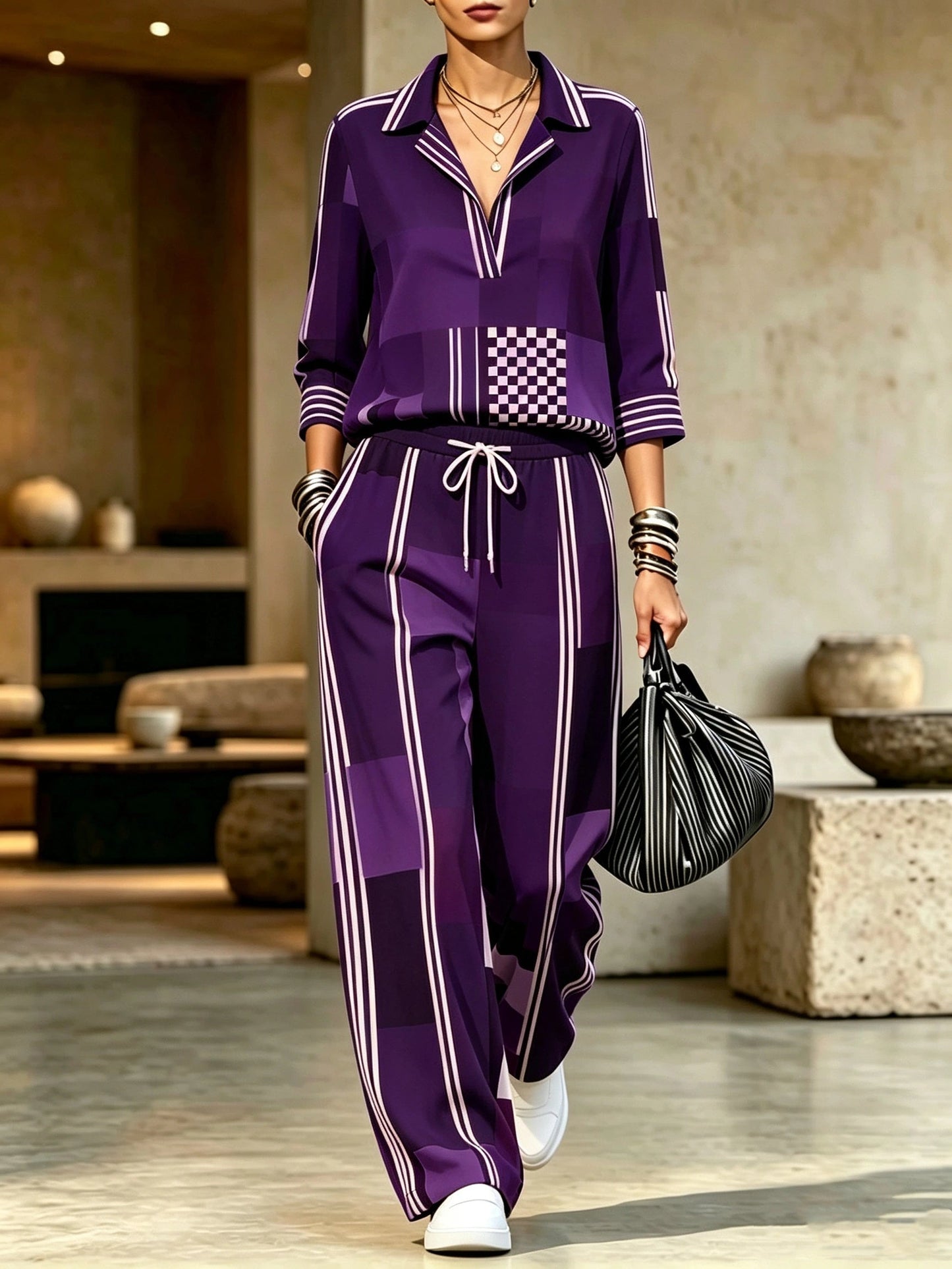 Lapel Collar Wide-Leg Trouser Set | Printed Two-Piece Co-Ord