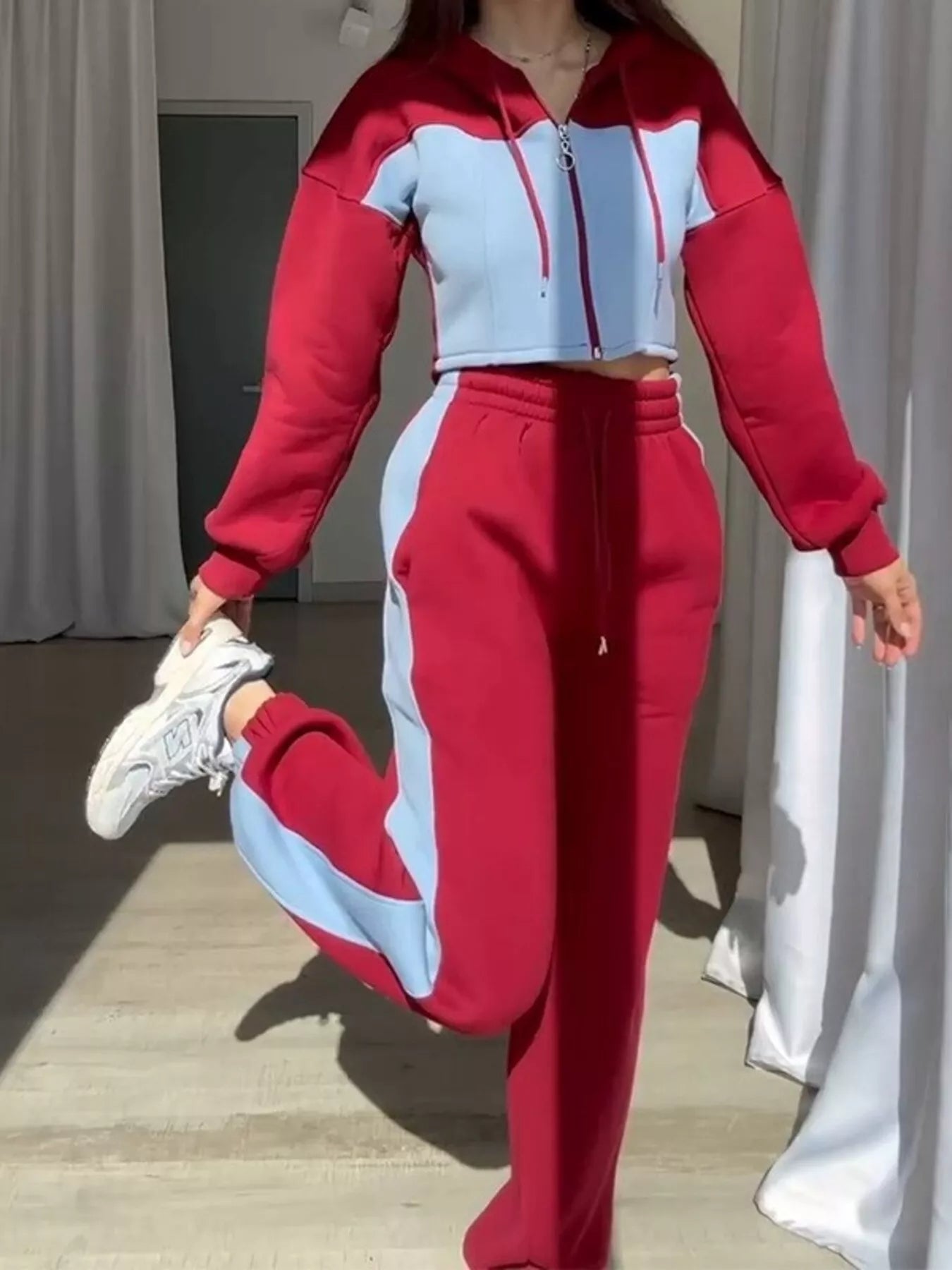 Color-Block Zip-Up Crop Hoodie and Joggers Set