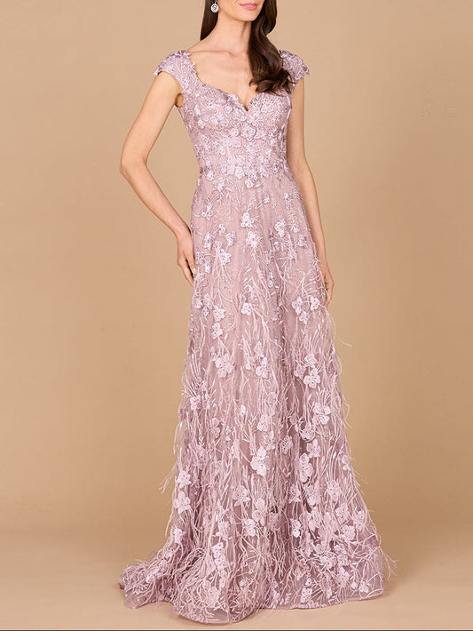 Cap Sleeves, A-line Dress with Feathers