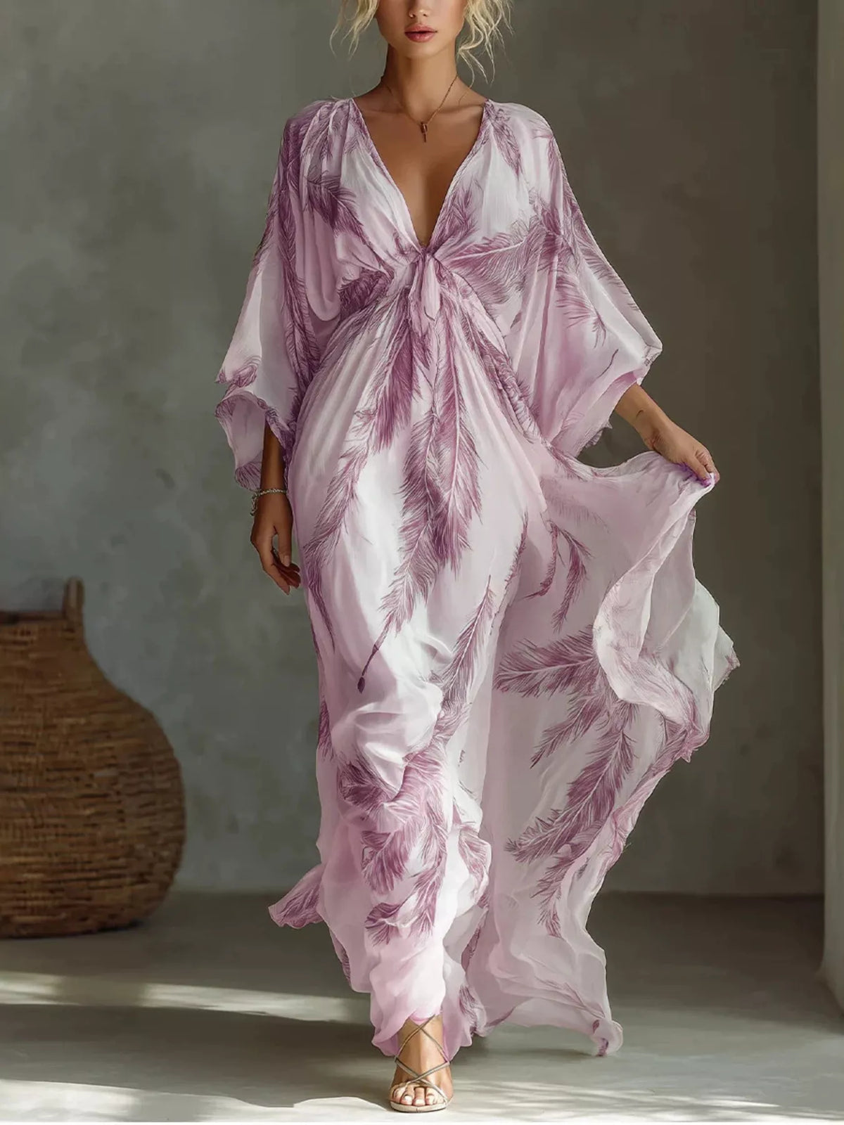 Full Size Feather Print V-Neck Flowy Maxi Dress Plus Size
