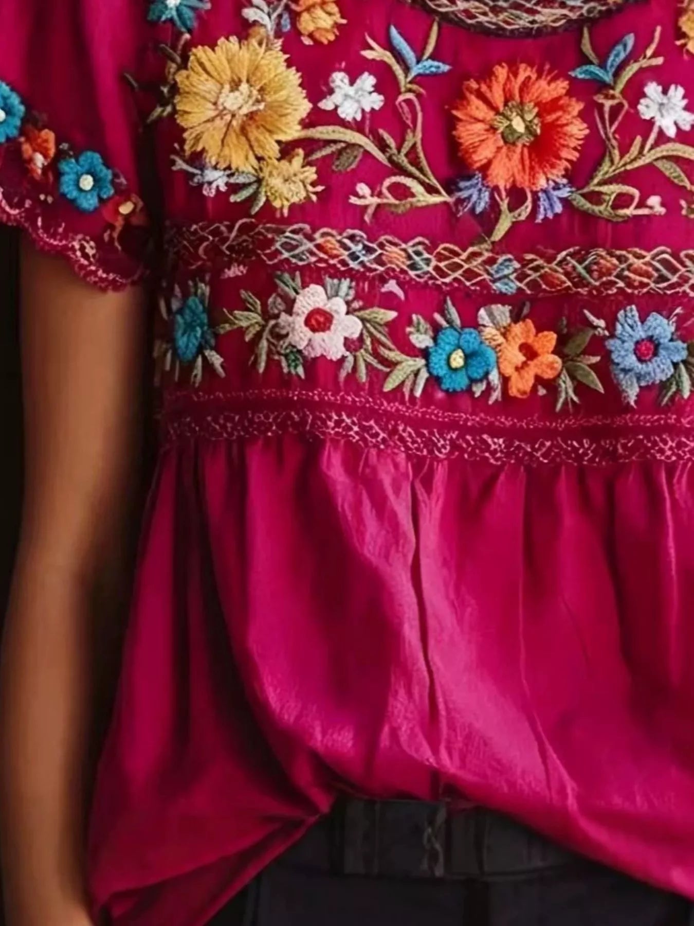 Plus Size Embroidered Floral Short Sleeve Top