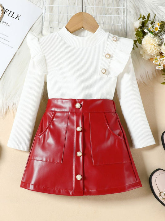 Children's Ruffled Trim Ribbed Top & Faux Leather Skirt Set