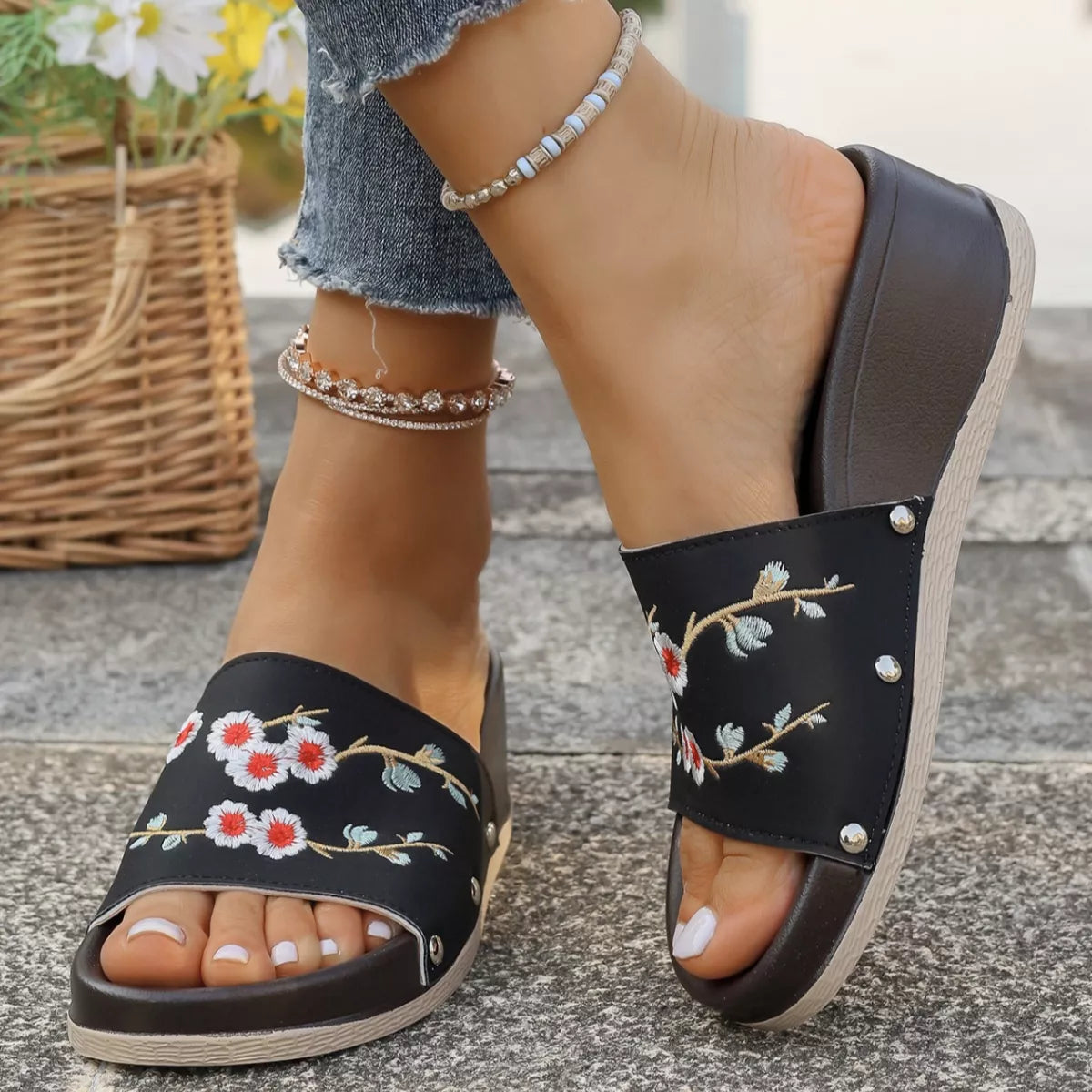 Floral Embroidered Wedge Sandals