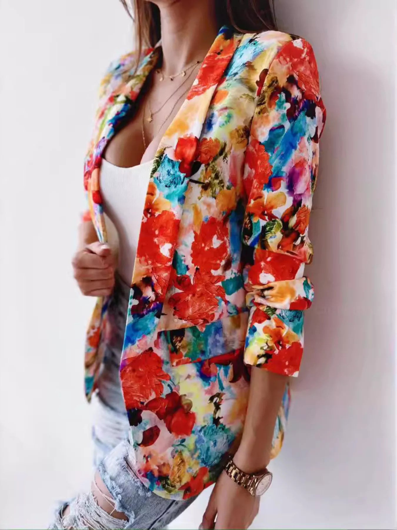 Vibrant Floral Print Open Front Blazer