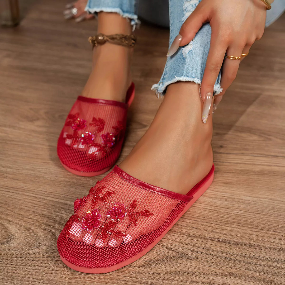 Sheer Floral Embellished Sandals