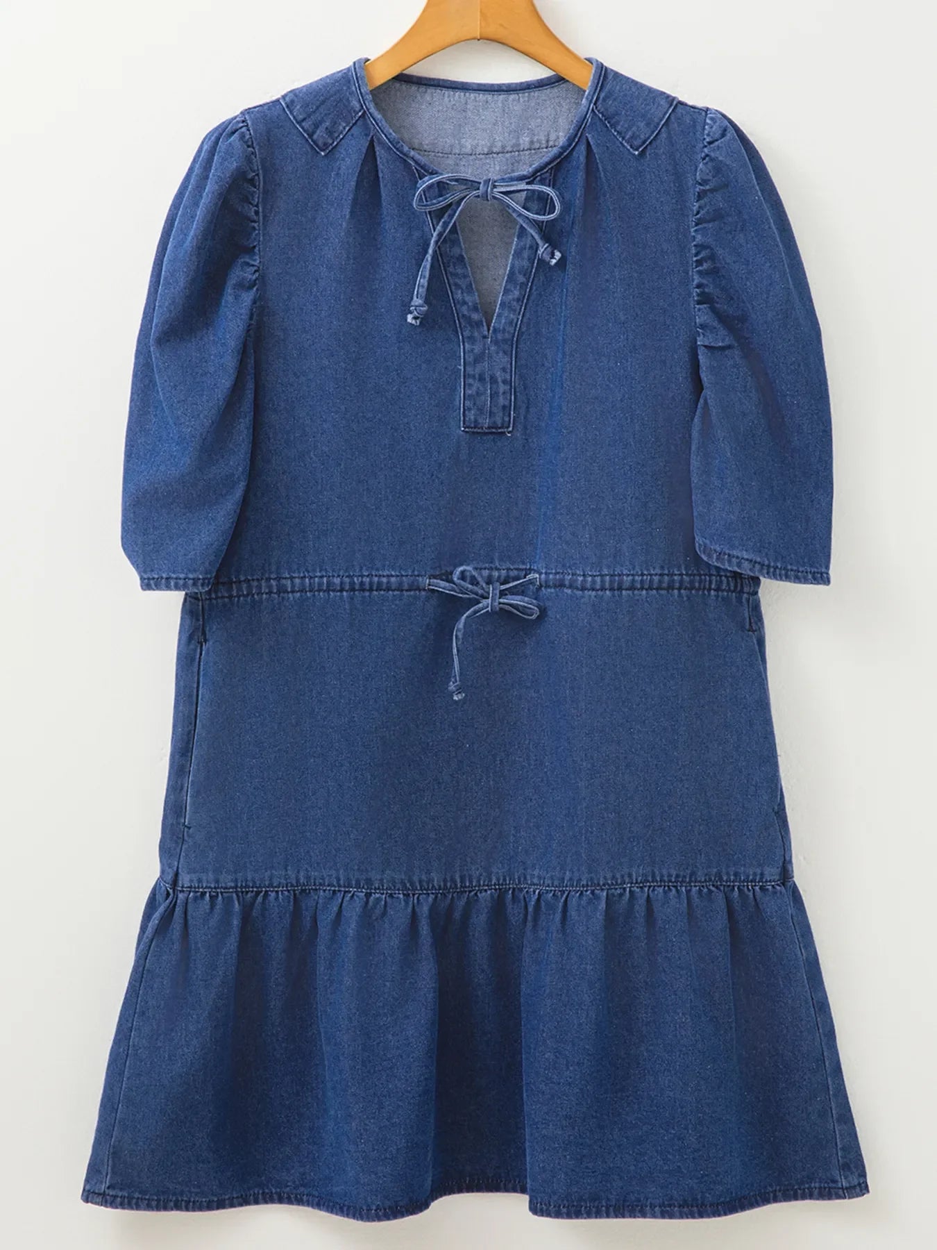 Drawstring High Waist Puff Sleeve Denim Mini Dress