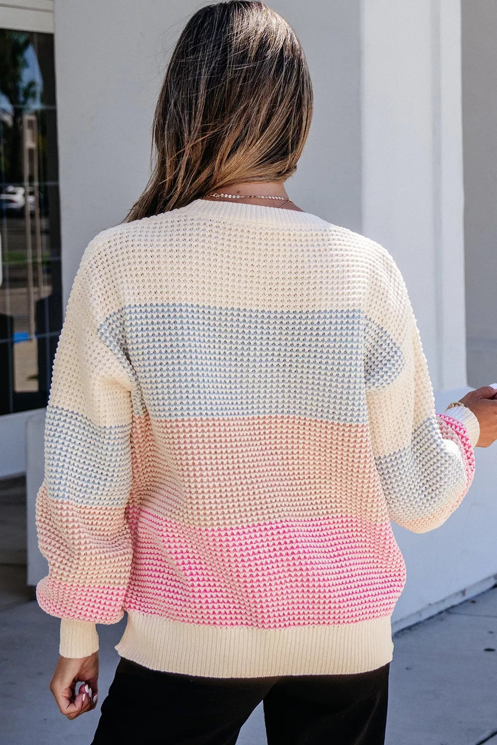 Color Block Waffle Knit Drop Shoulder Round Neck Long Sleeve Sweater