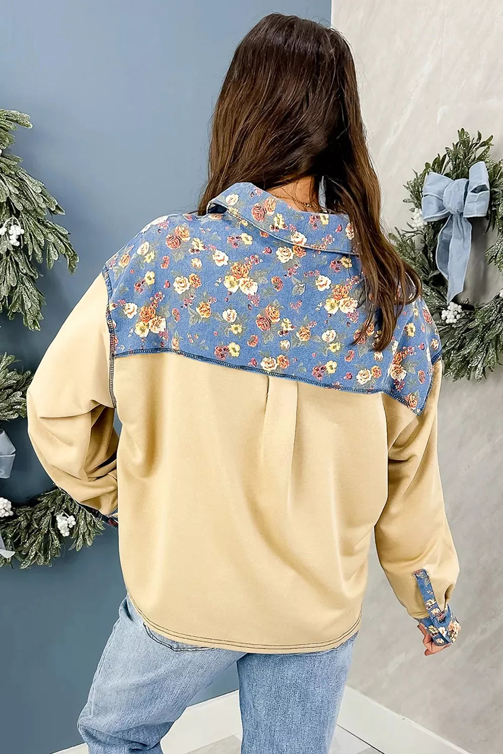 Floral Denim Patchwork Collar V Neck Long Sleeve Pullover Top